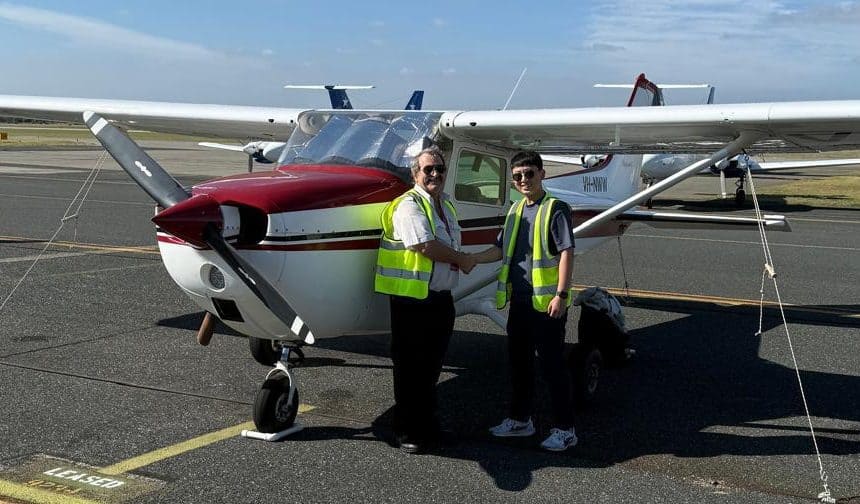 A first-time flyer experiencing a trial introductory flight with guidance from a qualified flight instructor.